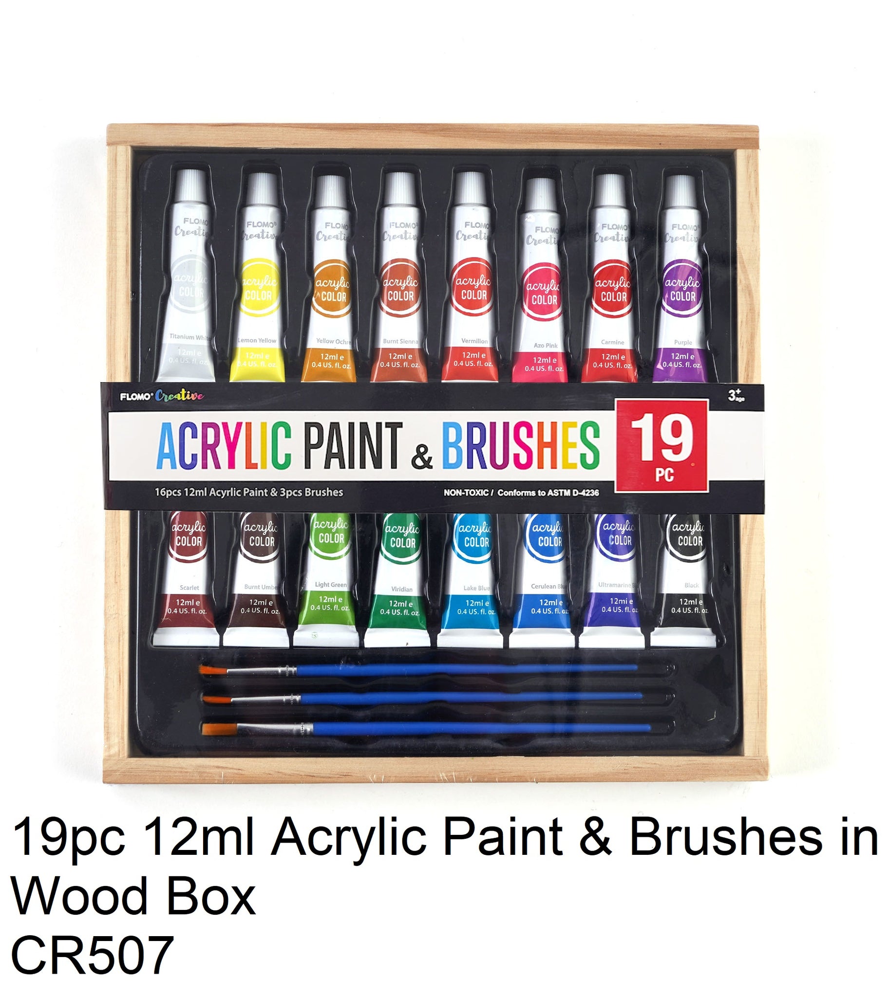 CR507 - 19pc 12ml Acrylic Paint & Brushes in Wood Box